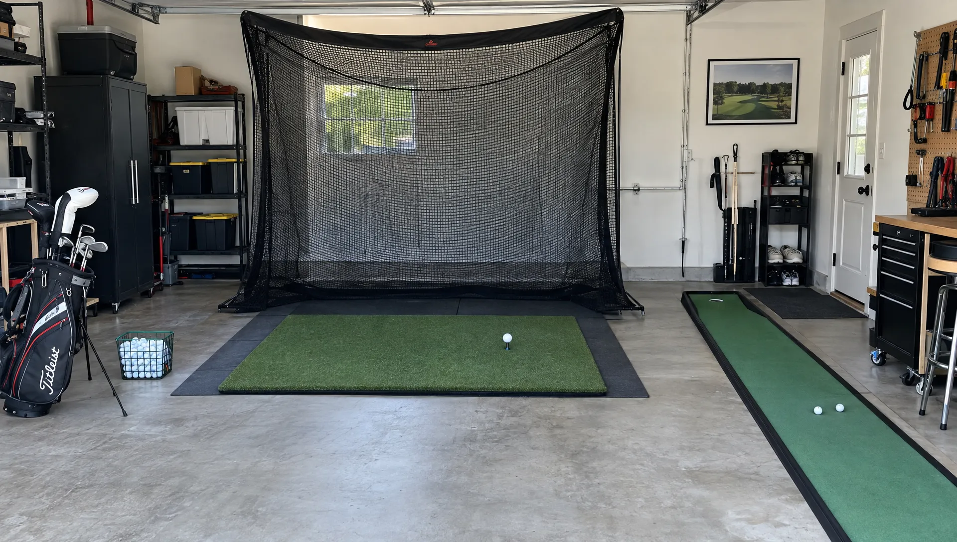 A garage practice station combines a freestanding golf net and stable hitting mat, with a separate putting strip, clear walkways and storage kept to the side.