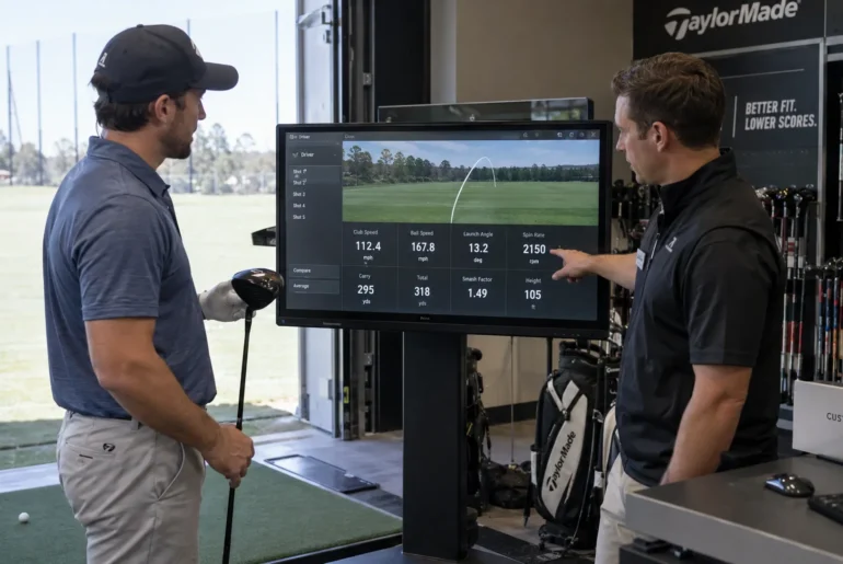 A golfer and fitter review driver test results beside a launch-monitor screen in a golf store.