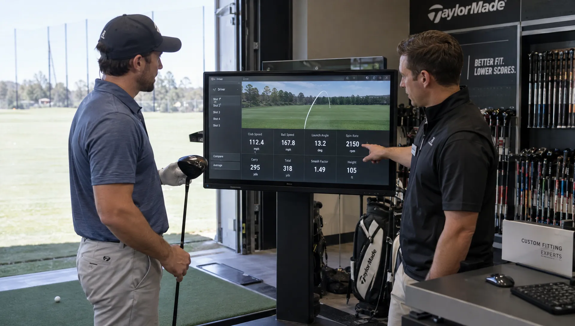What to Test Before Buying at a Golf Equipment Store A golfer and fitter review driver test results beside a launch-monitor screen in a golf store.