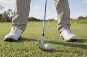A golfer lines up an iron beside the ball, focusing on consistent contact during a measured practice session.