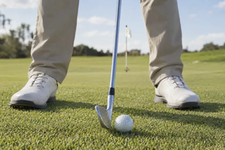 A golfer lines up an iron beside the ball, focusing on consistent contact during a measured practice session.