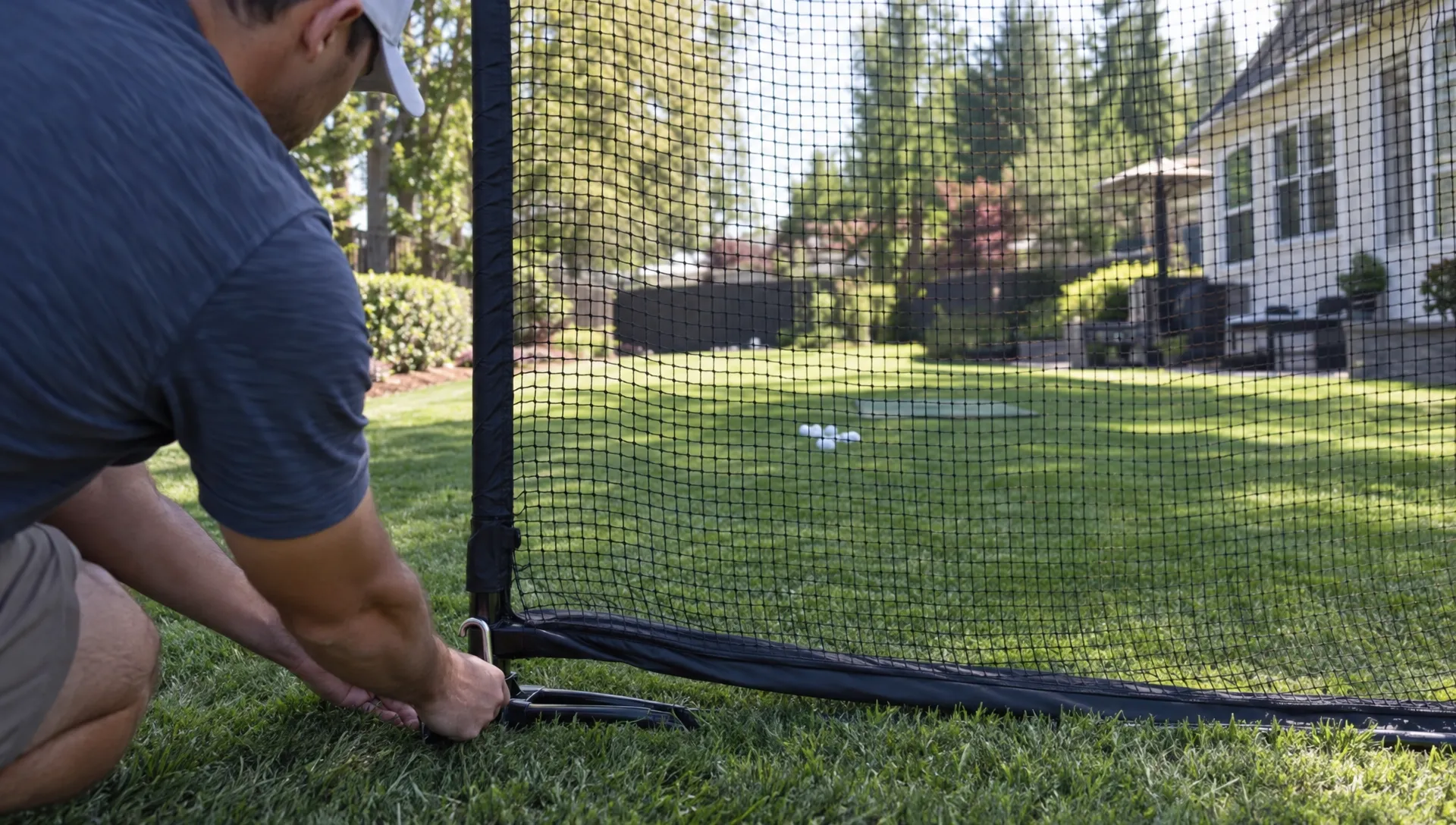Build a Home Practice Setup With Thrill Golf A golfer secures the frame of a backyard practice net before setting up a home hitting station.