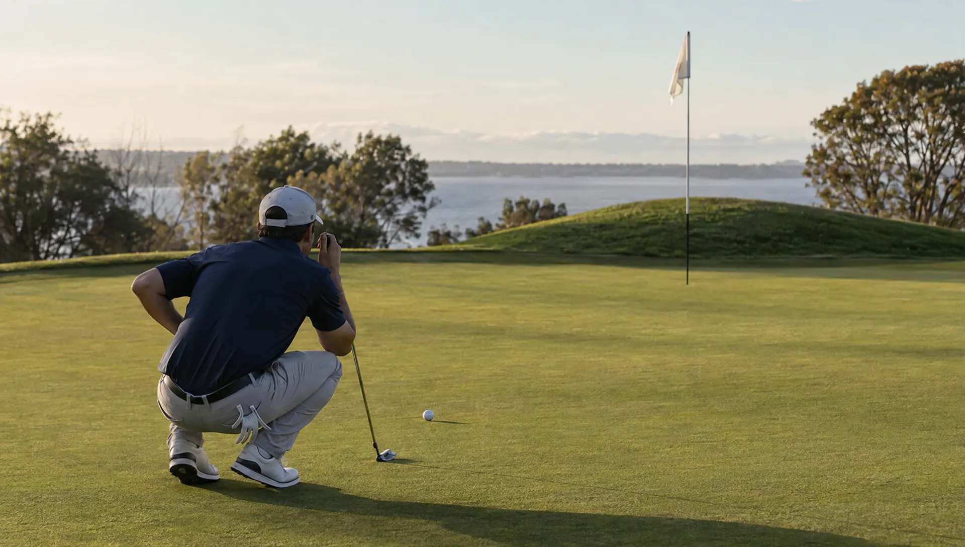 An adult golfer crouches behind a ball on a gently sloping green, assessing the line toward a cup and flagstick beside a raised section.