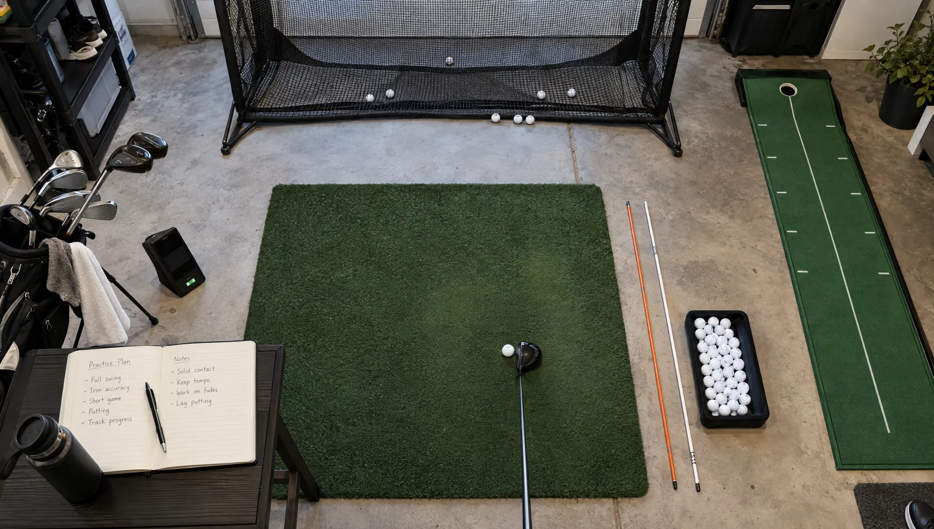 An overhead view of a home golf practice station shows a hitting mat aimed at a net, alignment sticks beside it, a putting strip, and an open notebook for tracking drills.