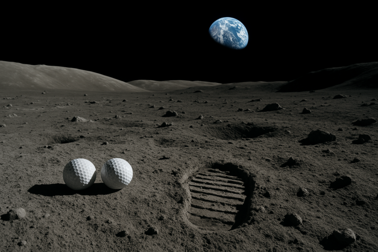 Golf balls on the moon surface from Apollo 14 mission showing lunar terrain and Earth in background