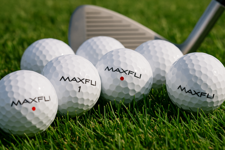 Maxfli golf balls on grass showing brand logo and dimple pattern for review comparison